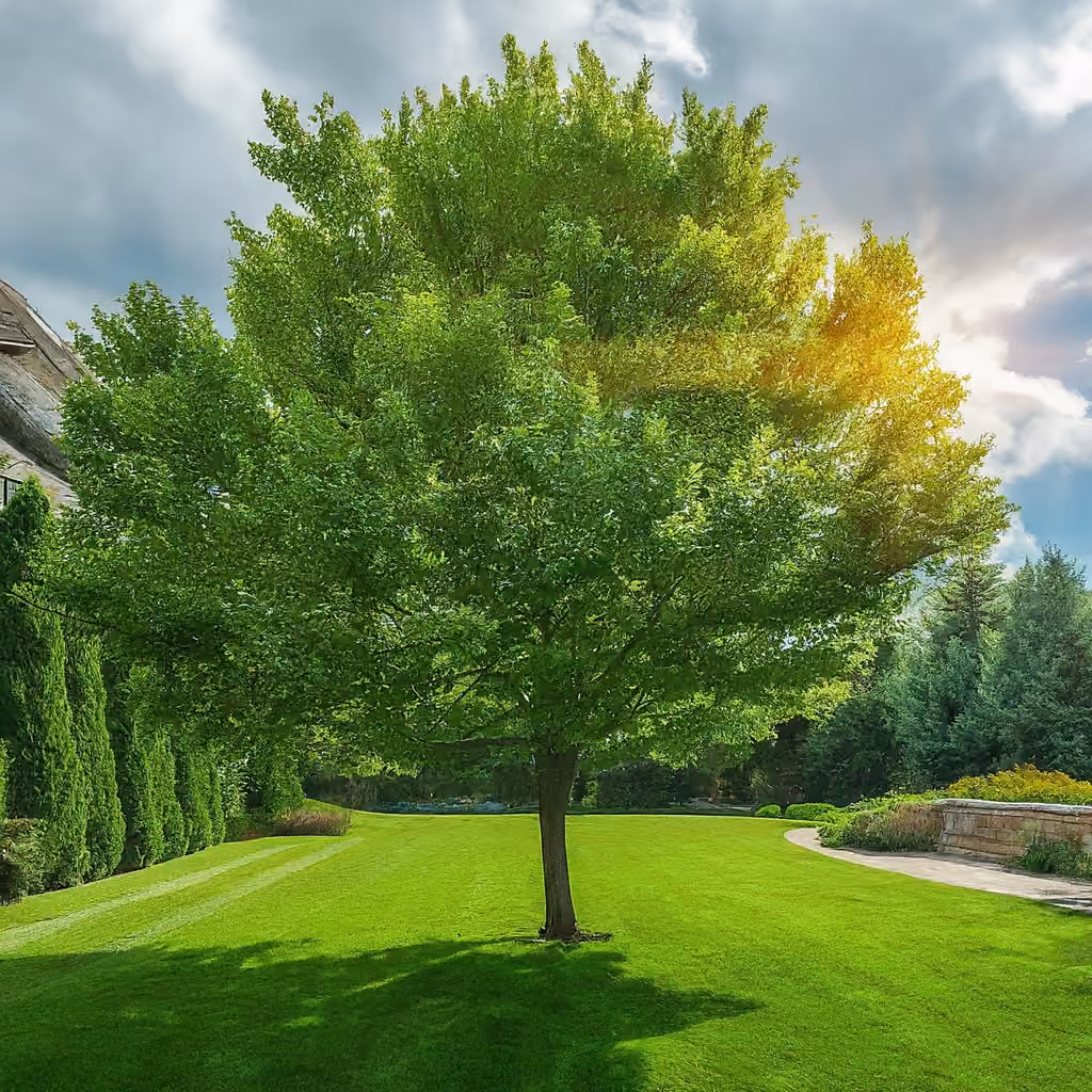 A full green tree standing on a mowed lawn under a partly cloudy sky