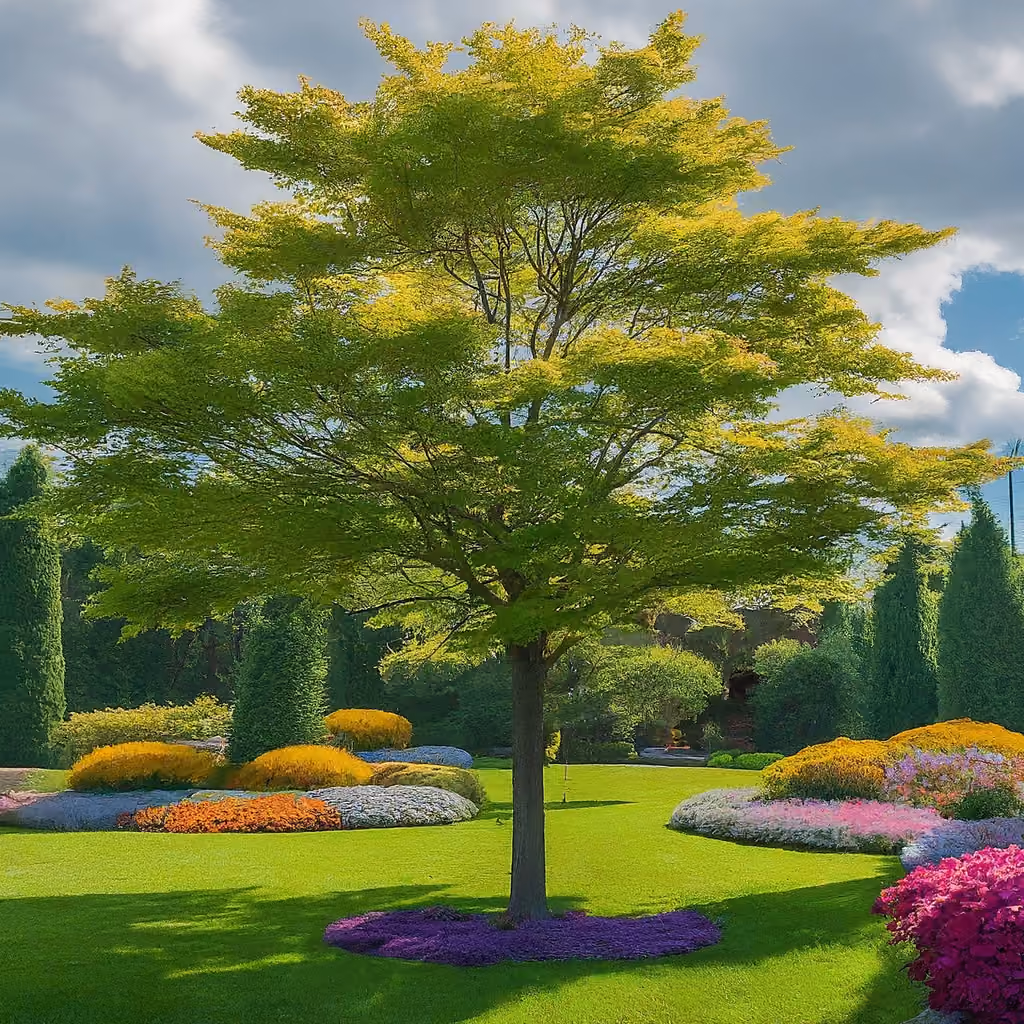 A tree in a green lawn, ringed by colorful flower beds