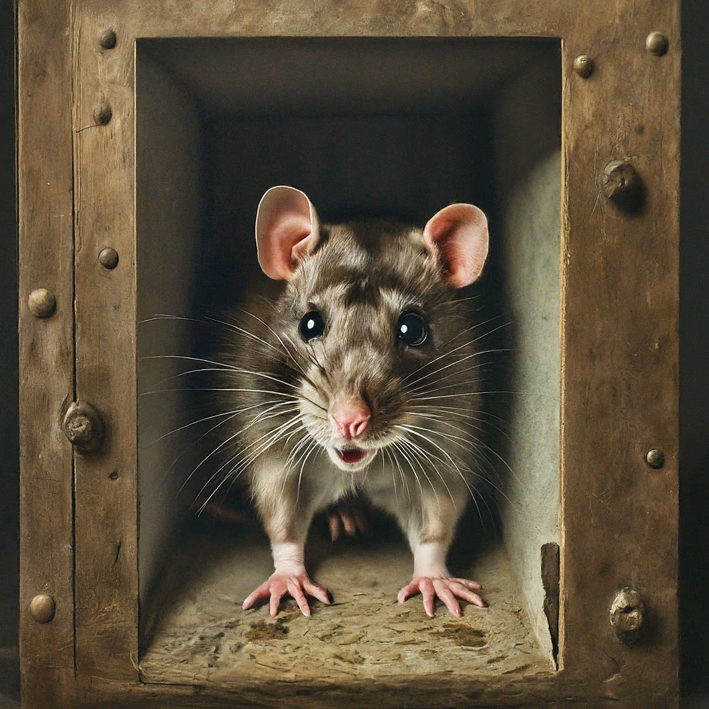 A rat peering out of a wooden box